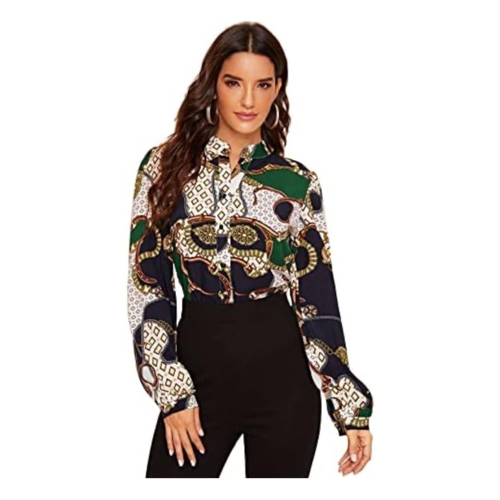 SHEIN Geometric Green and Black Blouse
